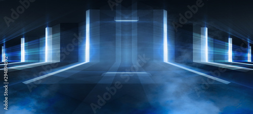 Fototapeta Naklejka Na Ścianę i Meble -  Abstract blue background with neon rays. Abstract light tunnel, corridor, portal. Rays of neon light in the dark, neon shapes, smoke. Symmetric reflection. 3D rendering.