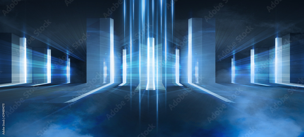 Abstract blue background with neon rays. Abstract light tunnel ...