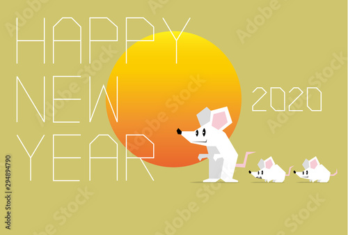 年賀状2020, ハッピーニューイヤー, 子年（ベクター 線幅変更可）