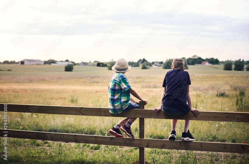 Boys sitting on fence in front of pasture Boys sitting on fence in front of pasture