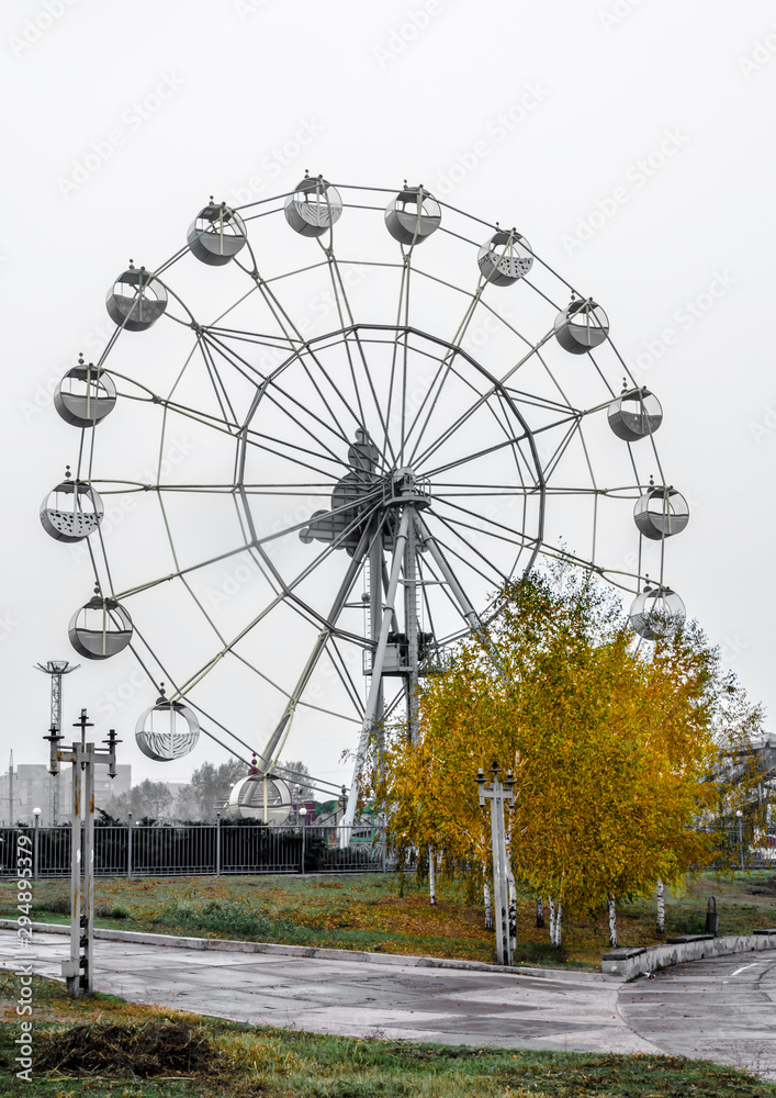 Attraction Ferris wheel with bright yellow autumn tree against the gray sky Attraction Ferris wheel with bright yellow autumn tree against the gray sky