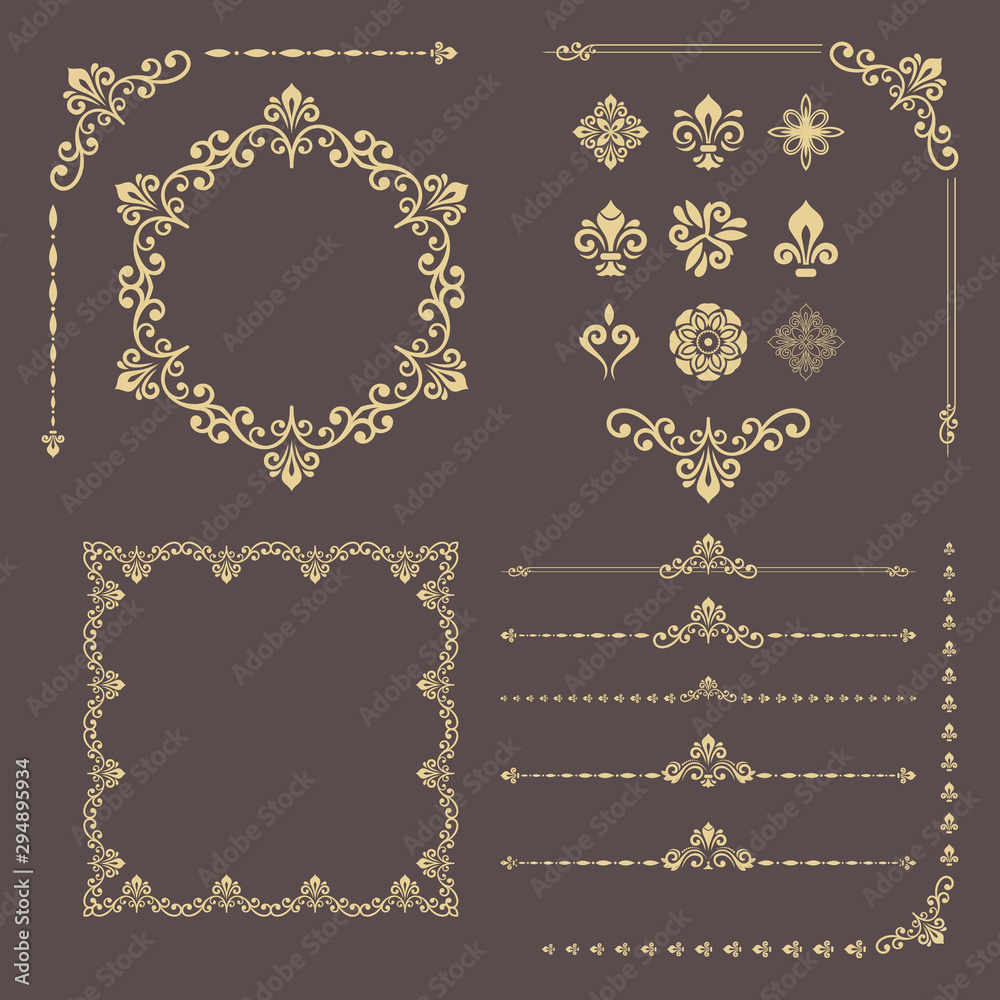 Vintage golden set of horizontal, square and round elements. Different elements for design, frames, cards, menus, backgrounds and monograms. Classic patterns. Set of vintage patterns