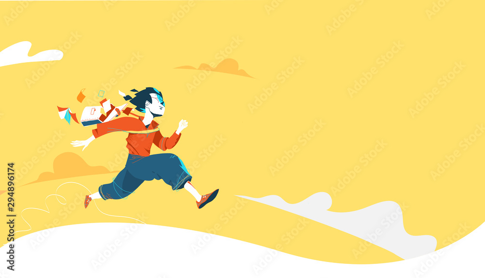 The school is over. A happy school boy running towards his dreams with clear sky background. Vector illustration