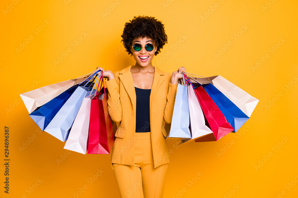 Wow omg 50 off. Portrait of surprised shocked brunette hair dark skin girl travel trip see sales black friday go shopping feel crazy wear style outfit trousers isolated bright color background