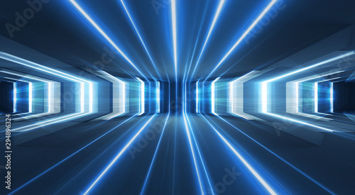 Abstract blue background with neon rays. Abstract light tunnel, corridor, portal. Rays of neon light in the dark, neon shapes, smoke. Symmetric reflection. 3D rendering.