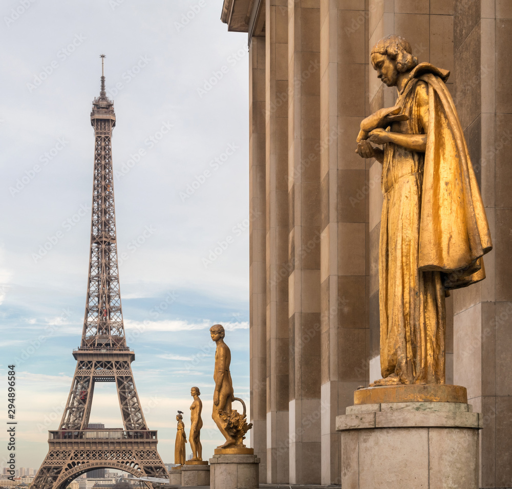 Eiffel tower and statues of Trocadero. Paris, France