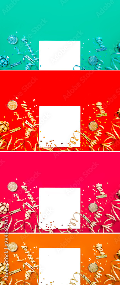 New Year and Christmas background. Holidays and sales concept. Confetti, presents and bows,Top horizontal view