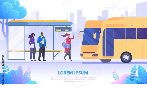 Passengers at bus stop flat banner vector template