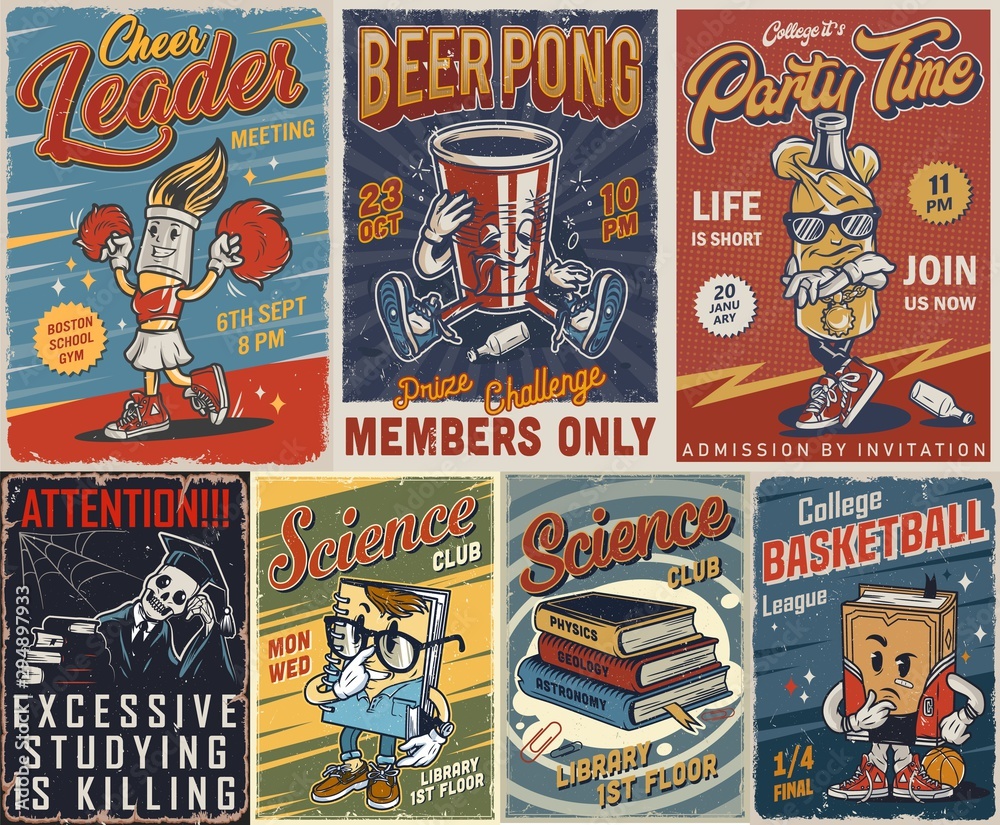 Vintage college posters set