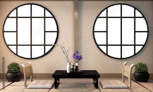 Ryokan living room interior design on tatami mat floor.3D rendering