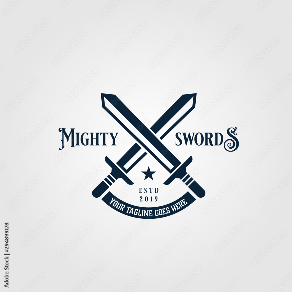 crossed mighty sword logo vintage symbol vector design illustration