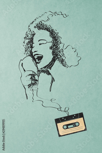Canvas Print Vintage cassette tape and woman singing