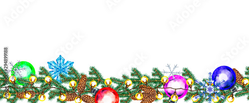 Seamless bottom border of realistic Christmas garland with fir branches, glass balls, snowflakes and lighting lamps. Watercolor hand painted isolated elements on white background. 