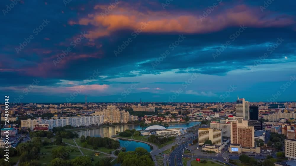 sunset sky minsk city center aerial panorama 4k timelapse belarus 