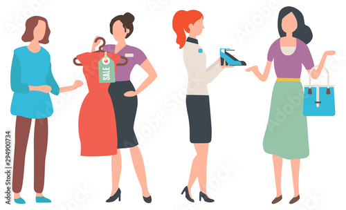Fashion advisor of client, isolated shopping woman with handbag. Consultant showing dress and shoes to customer of shop, buying clothes. Season sale. Vector illustration in flat cartoon style