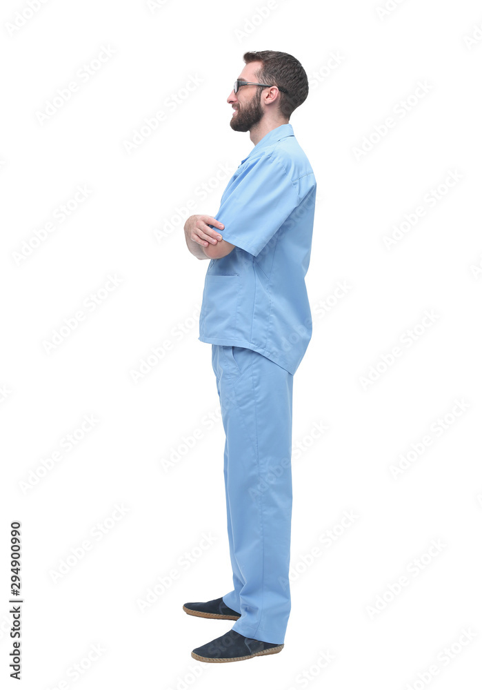 side view. men doctor looking at copy space.