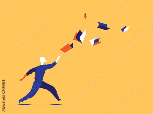 Following culture, information flow. Learning aspiration concept. A man is chasing books flying in the air before him. Vector illustration photo