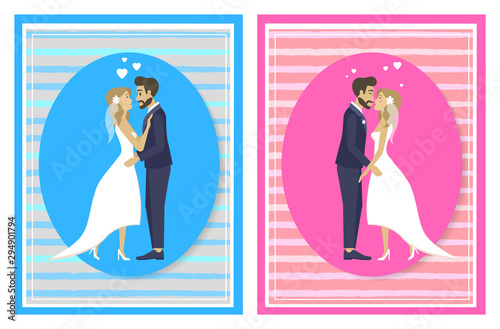 Newlywed couple going to kiss, man and woman in wedding dress and suit isolated in pink and blue frame. Decorated invitation on engagement, greeting card. Vector illustration in flat cartoon style