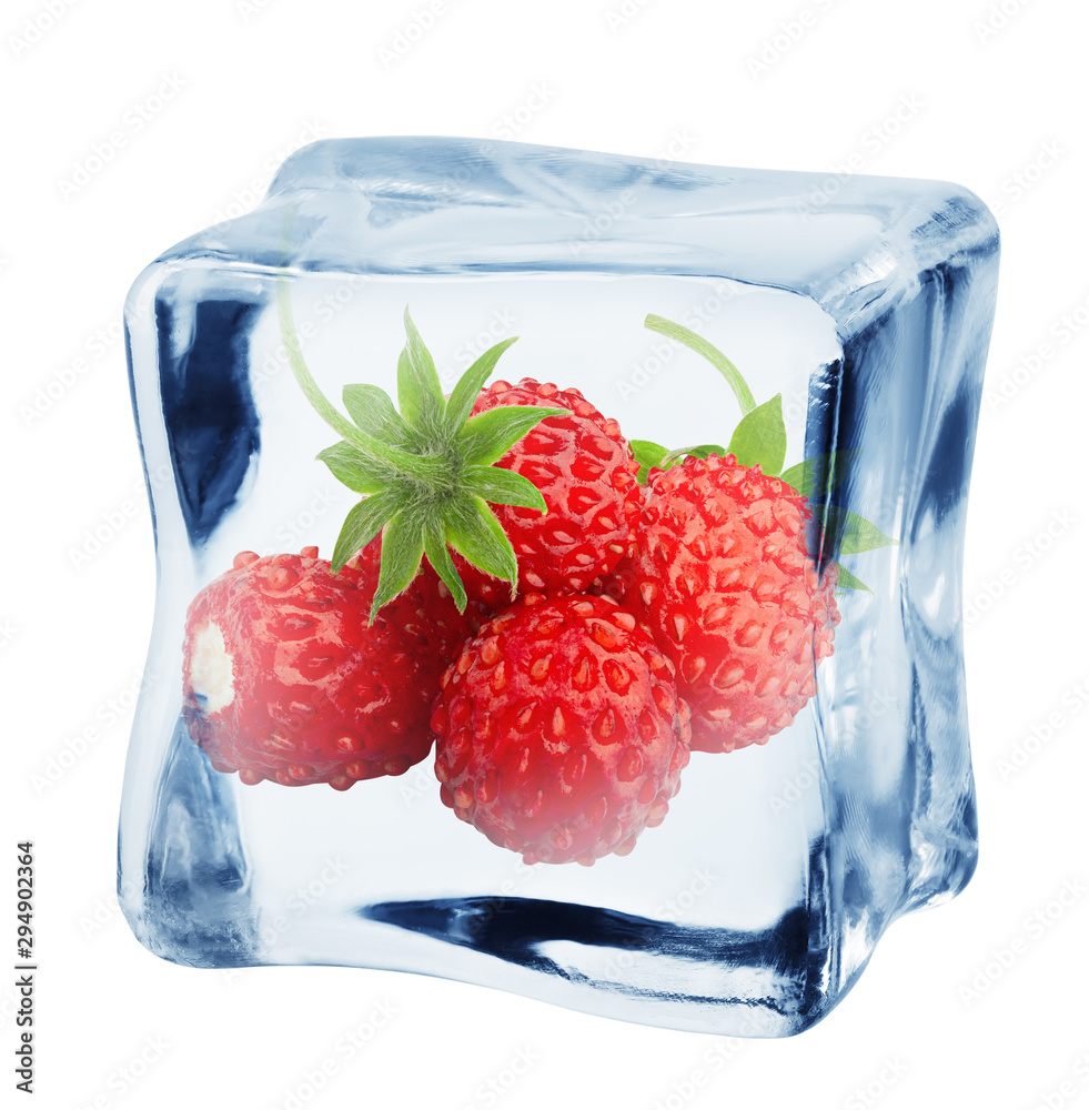 Naklejka Wild strawberry in ice cube, isolated on white background, clipping path, full depth of field