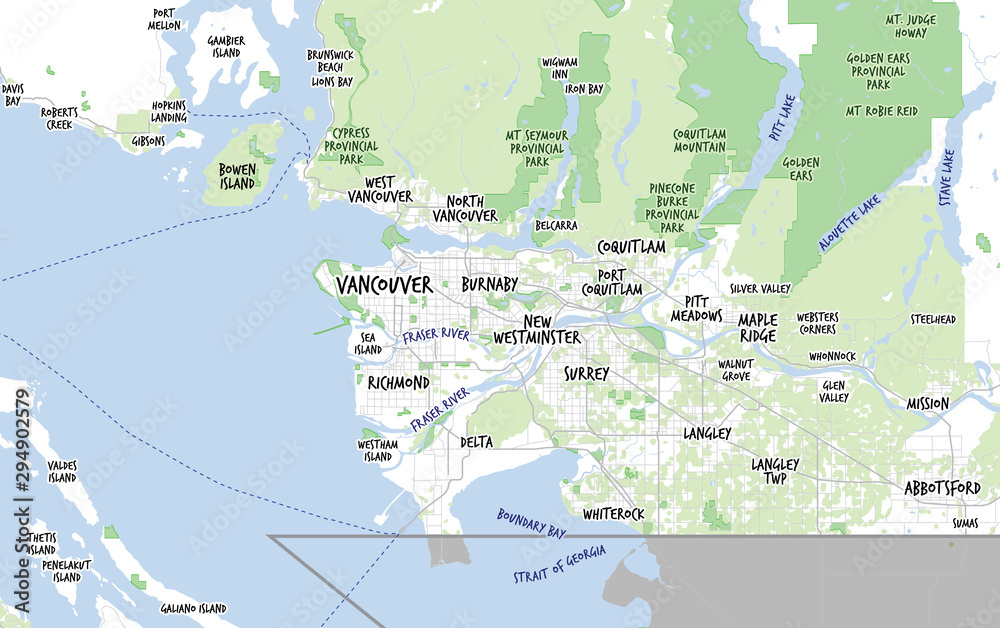 Obraz premium Map of Vancouver and municipalities with Vancouver Island. Canada, British Columbia. Light blue and green color theme with a handwritten font. Modern look