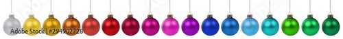 Christmas balls baubles banner color colorful decoration in a row isolated on white