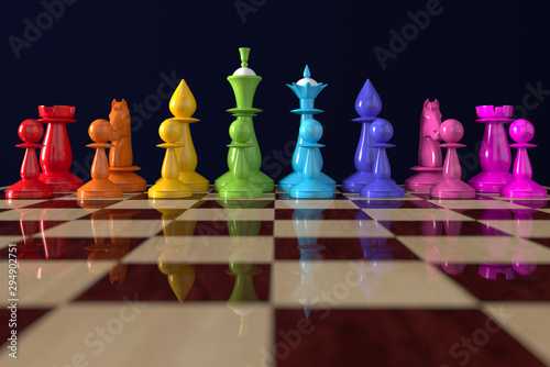 Chess in the colors of the LGBT community. Chess in rainbow colors on a chessboard. 3D rendering, illustration isolated on black.