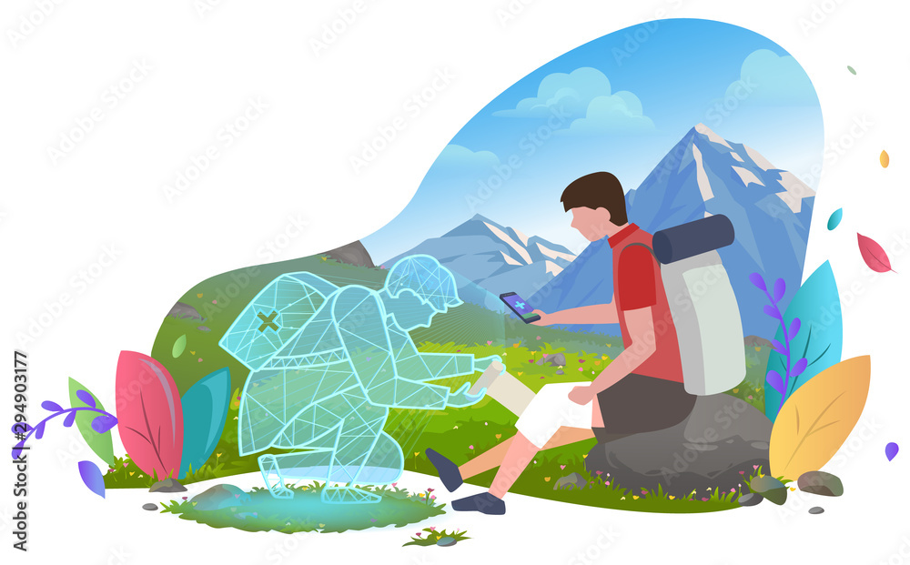 Medical worker online helping hiking man, person with injured knee in mountains. Patient with smartphone help online first aid consultation. Holographic projection of doctor. Landscape with greenery
