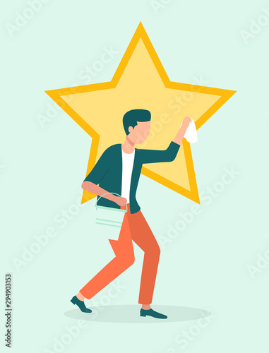 Man polishing star or ego, narcissim and egoism concept. Human flaw, narcissistic male character, egoistic and self-affected guy, showing off. Vector illustration in flat cartoon style