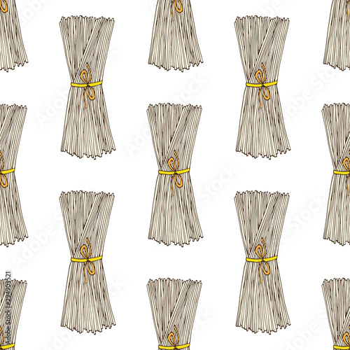 Spaghetti seamless pattern. Pasta sketched design. Italian food for menu. Sketched spaghetti background.