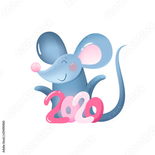 Happy New Year card with cute gray mouse