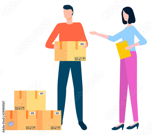 Shipping and delivery of orders vector, isolated worker carrying package, cargo in box. Woman supervising work employee. Character delivering worldwide. Organization of relocation. Document shipment