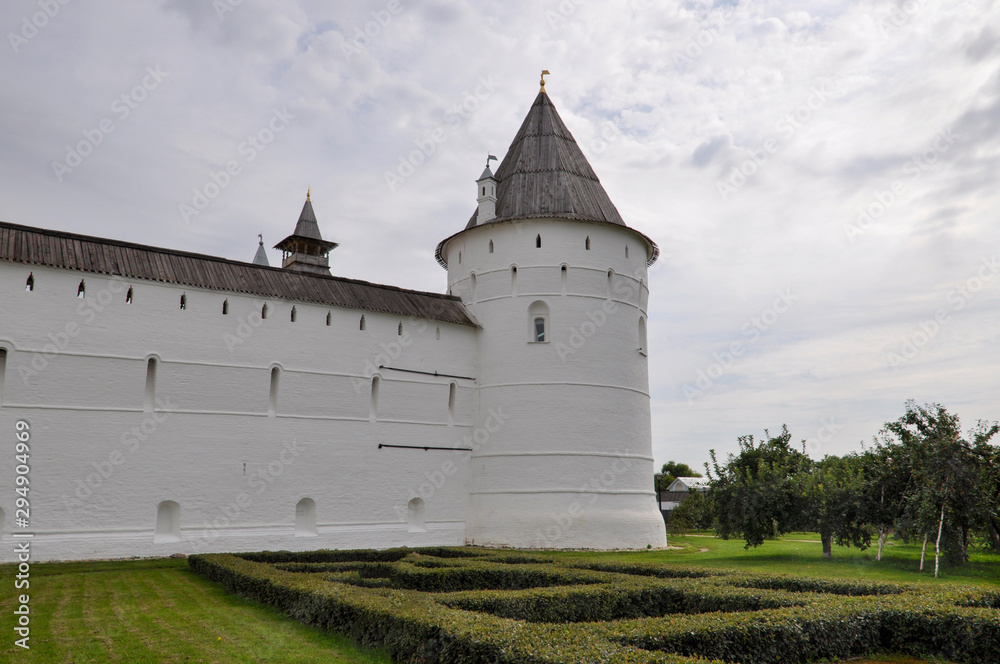View of the wall of the Rostov Kremlin and the tower on a summer day. Golden ring of Russia, Rostov Veliky, Russia
