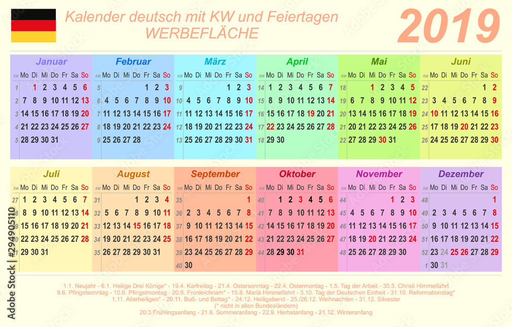 Kalender 2019 - bunt - quer - deutsch - mit Feiertagen (85 x 54 mm)  Stock-Vektorgrafik | Adobe Stock
