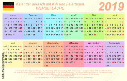 Kalender 2019 - bunt - quer - deutsch - mit Feiertagen (85 x 54 mm)  Stock-Vektorgrafik | Adobe Stock