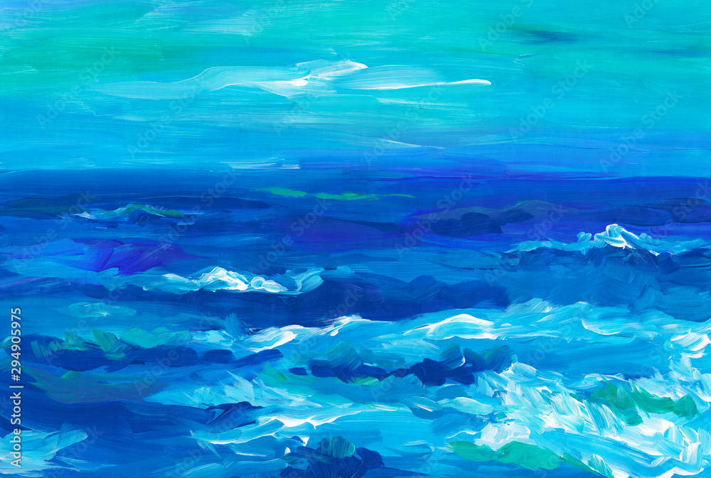 Obraz premium Sea landscape painting. Blue sea with waves and blue green sky. Storm on the ocean. Calm oil artwork. Fine art. Abstract beauty water landscape. Modern art. Backdrop for cards, design, templates.