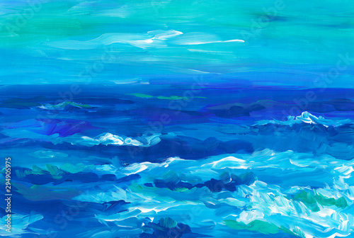 Sea landscape painting. Blue sea with waves and blue green sky. Storm on the ocean. Calm oil artwork. Fine art. Abstract beauty water landscape. Modern art. Backdrop for cards  design  templates.