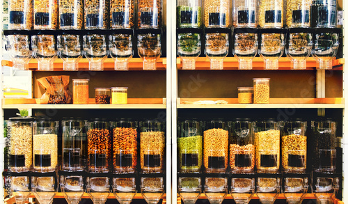 bulk food store texture dispenser bins shelves sustainable zero waste eco friendly shop market