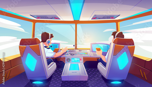 Pilots in airplane cockpit, jet cabin with control panel, plane interior with seats, flight deck dashboard with navigation monitors and sky view in windows. Modern airliner Cartoon vector illustration
