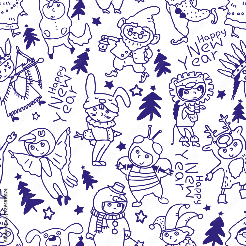 Fototapeta premium New Year seamless pattern. Children in Christmas costumes. Cheerful children celebrate Cartoon New Year's holiday costume. Vector illustration