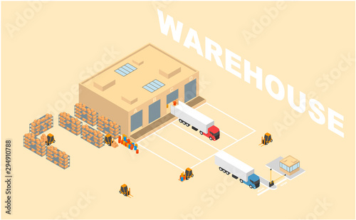 Warehouse, storage, logistics isometric icons set with storehouse, truck, forklift.
