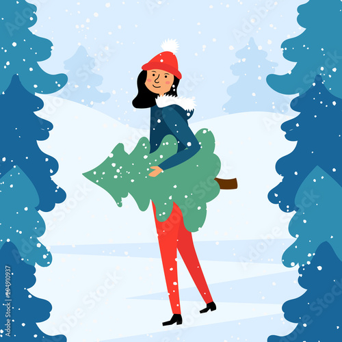 The girl at the fair bought a Christmas tree. Bazaar Christmas sale. Snow Forest. Editable Vector Illustration