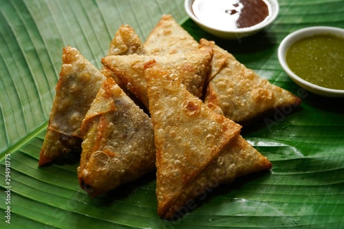 Homemade Samosas wiith Chutneys/Diwali snacks, selective focus