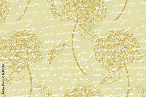 Hydrangea graphic illustration in vintage style. Flowers drawing and sketch with line-art on white backgrounds. Botanical plant illustration. Handwritten abstract text