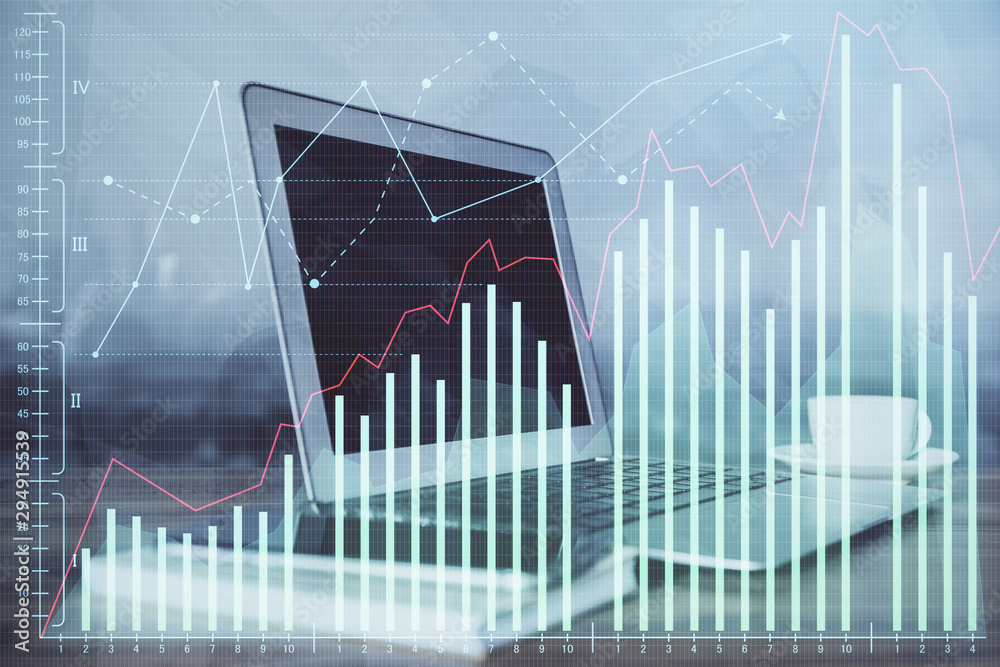 Stock market graph on background with desk and personal computer. Double exposure. Concept of financial analysis. Stock market graph on background with desk and personal computer. Double exposure. Concept of financial analysis.