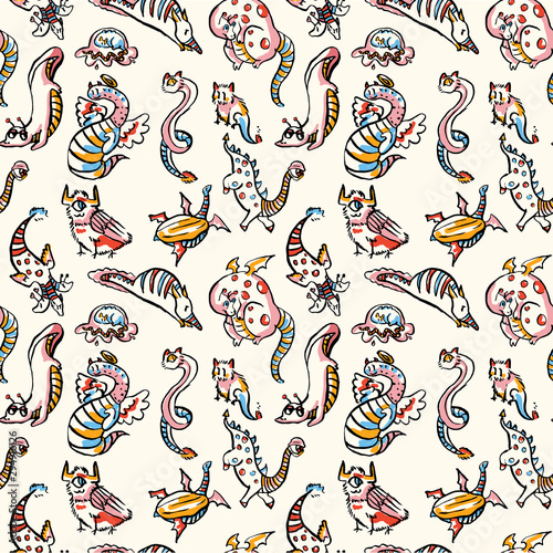 Hand drawn fantasy monster pattern. Cute textured strange creature all over background. 