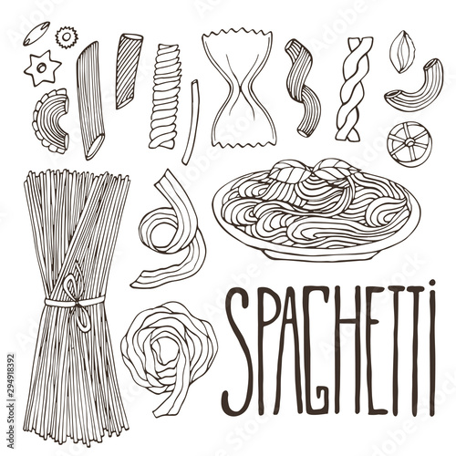 Spaghetti sketches. Vintage hand drawn pasta. Isolated italian food for menu design. Sketched pack of pasta illustration.