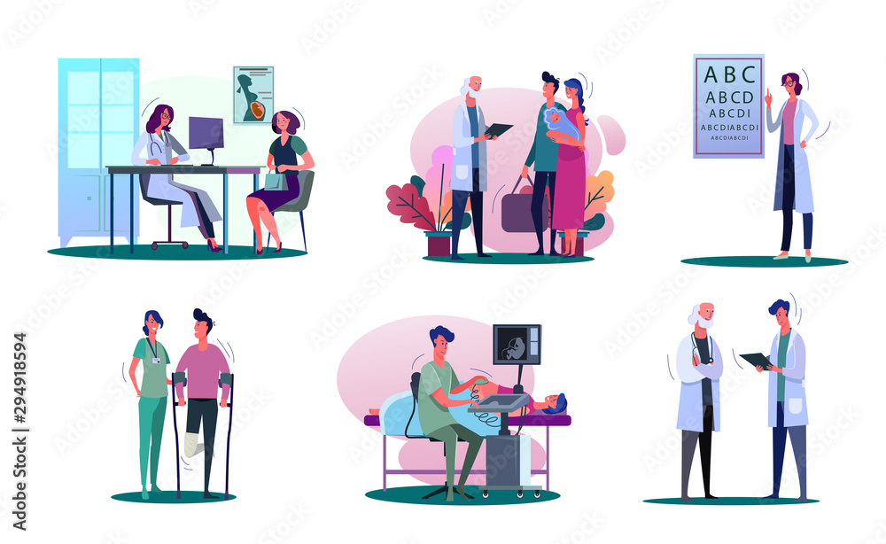 Consulting doctor illustration set. Pregnant woman, young couple with baby, man with trauma visiting doctor. Healthcare concept. Vector illustration for banners, posters, website design