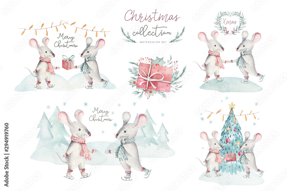 Fototapeta premium Cute funny cartoon christmas mouse christmas card. Watercolor hand drawn rat animal illustration. New Year 2020 holiday drawing. Isolated chinese symbol