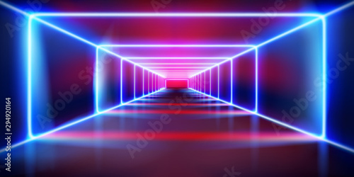 Empty stage before the show. Colored neon lights. Fashion runway. Vector illustration.