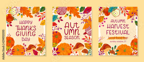Bundle of seasonal vector autumn illustrations for thanksgiving day and harvest festival with pumpkins,mushrooms,pomegranates,apples,plants,leaves,berries and floral elements.Trendy fall designs.